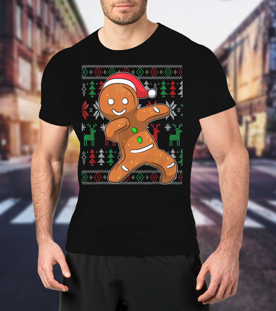 Ugly Christmas Sweater Dabbing Gingerbread Man Santa Hat Holiday T-Shirt