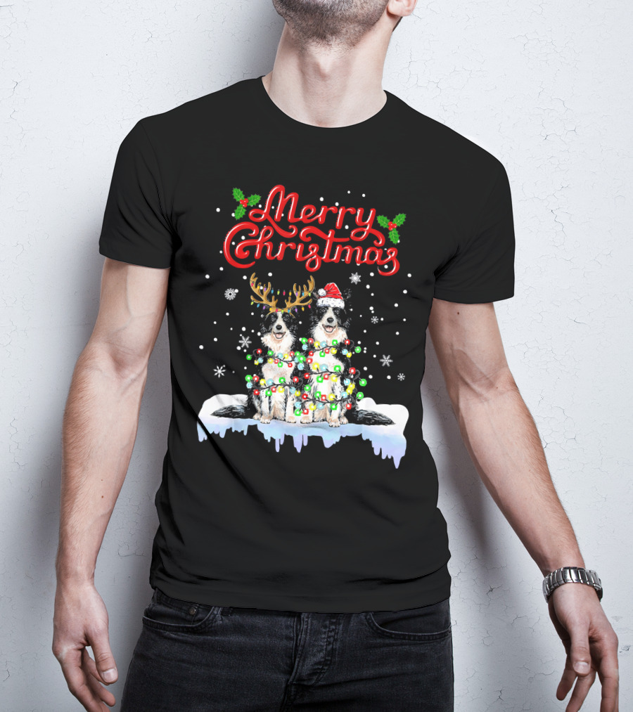 Merry Christmas Border Collie Christmas Lights Funny Dog Santa Reindeer T-Shirt