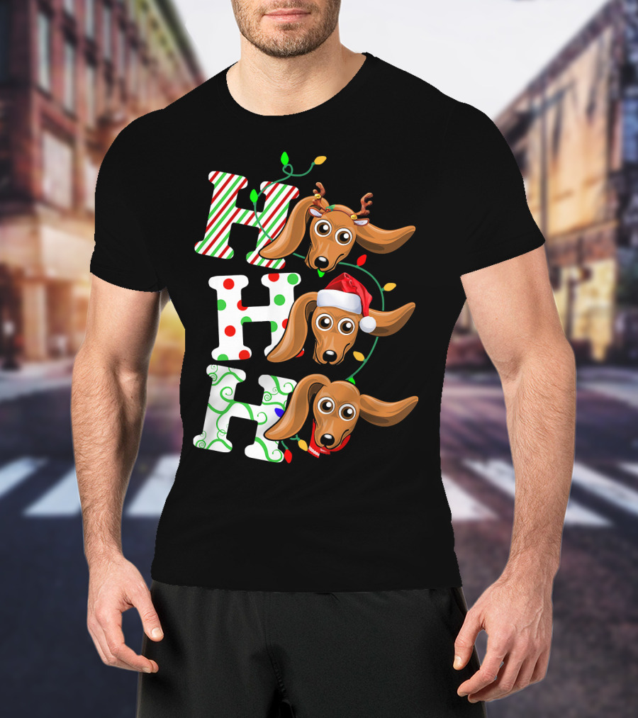 Dachshund Ho Ho Ho Reindeer Antlers Santa Hat Christmas Lights T-Shirt
