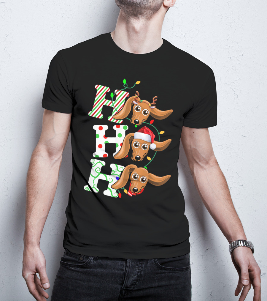 Dachshund Ho Ho Ho Reindeer Antlers Santa Hat Christmas Lights T-Shirt