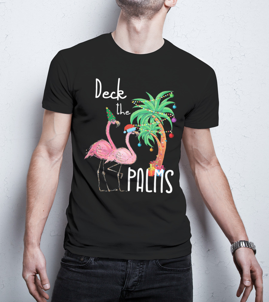 Deck The Palms Christmas Flamingo Family Tropical Holiday Scene T-Shirt