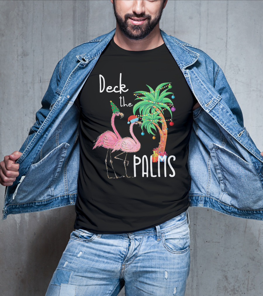 Deck The Palms Christmas Flamingo Family Tropical Holiday Scene T-Shirt