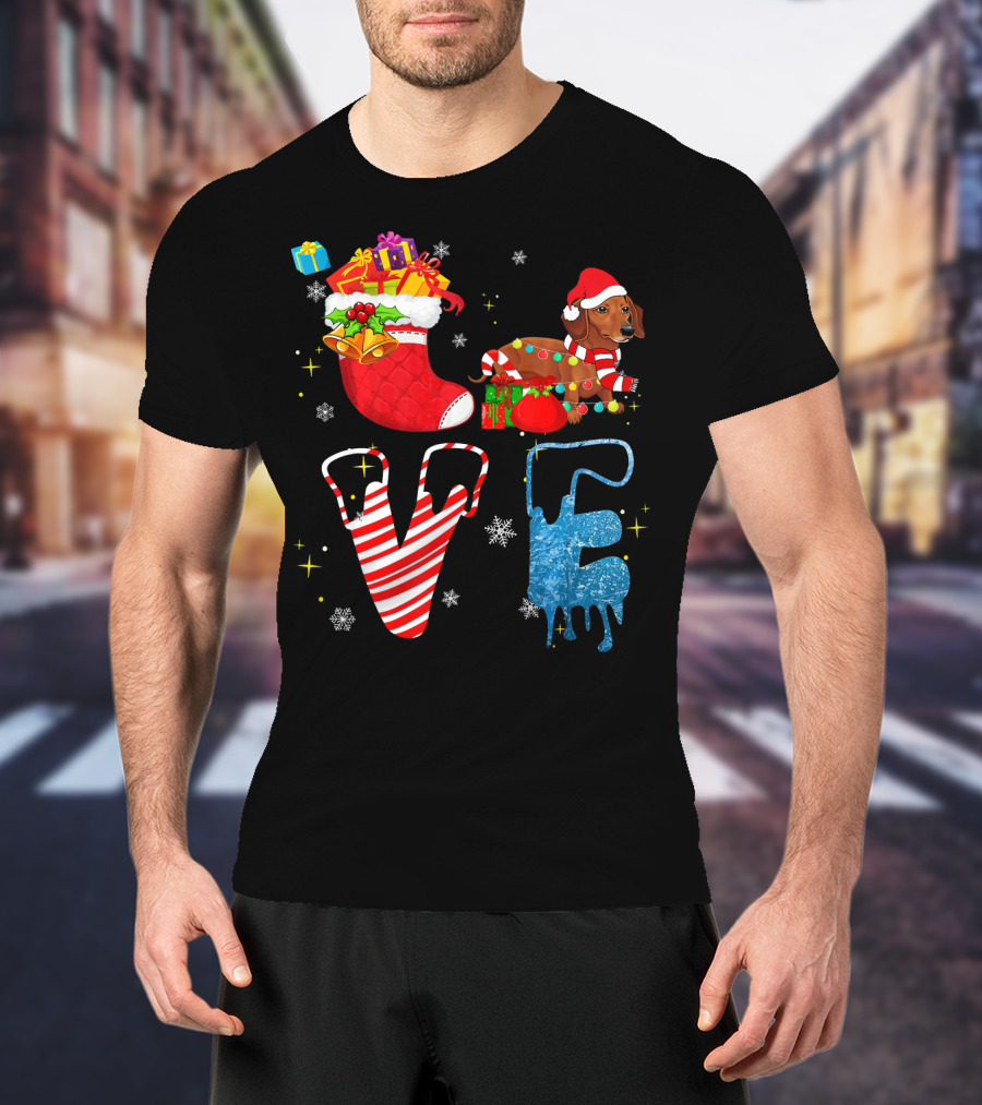 Dachshund Forever Love Merry Christmas Stocking Candy Cane Snowflakes T-Shirt