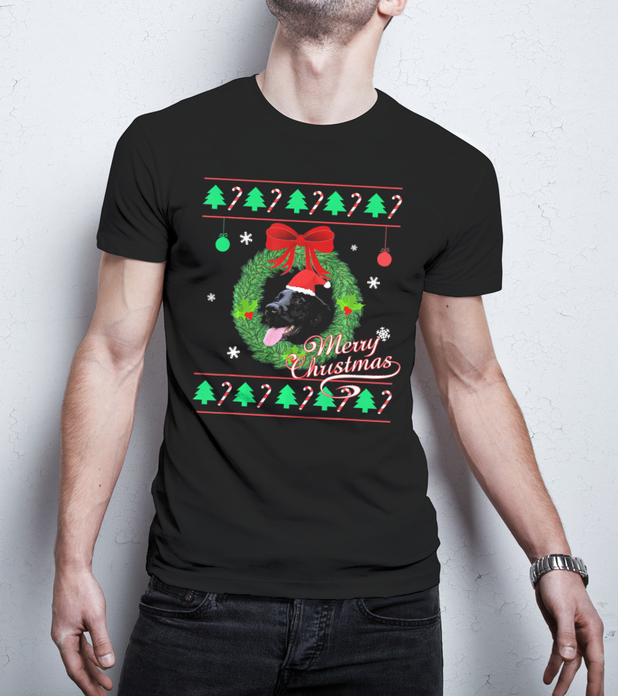 Merry Christmas Black Lab Puppy In Santa Hat With Wreath And Candy Canes T-Shirt