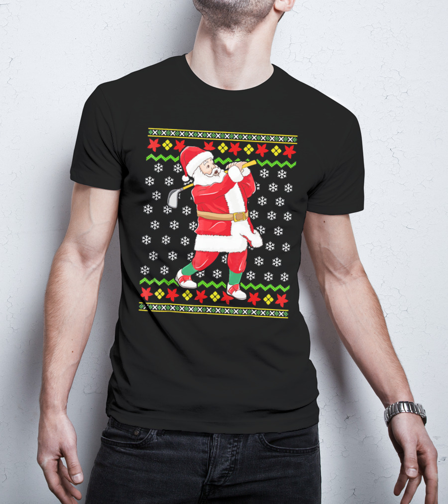 Ugly Christmas Santa Playing Golf Snowflakes T-Shirt