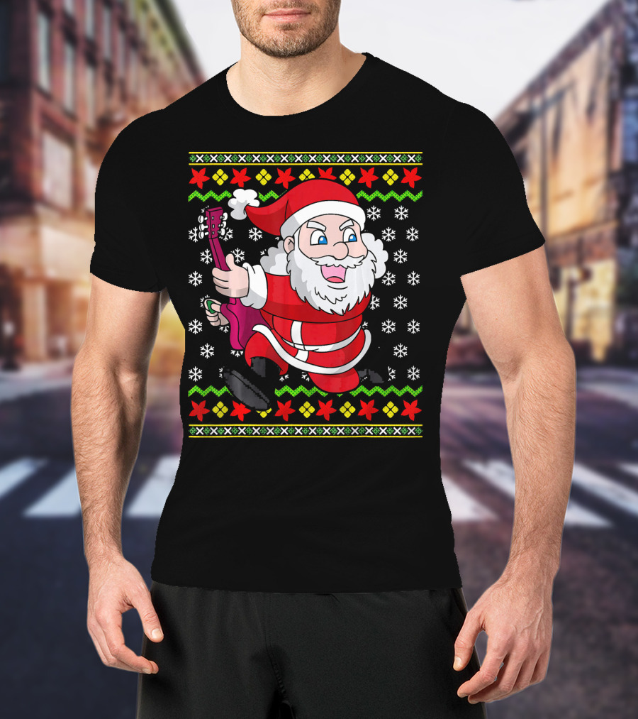 Ugly Christmas Santa Playing Guitar Festive T-Shirt