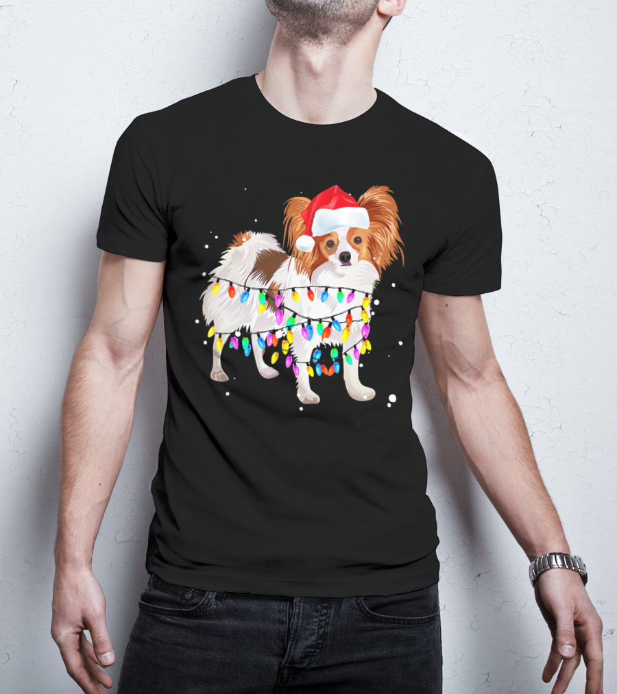 Papillon Dog Wrapped In Colorful Christmas Lights Wearing Santa Hat T-Shirt