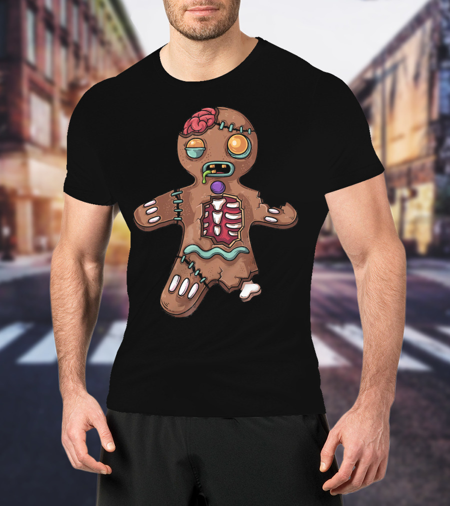 Zombie Christmas Gingerbread Man With Exposed Brain And Candy Bones T-Shirt