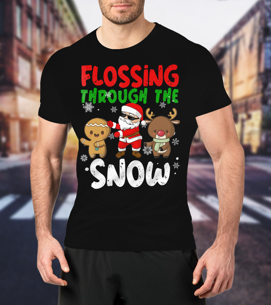 Flossing Through The Snow Santa Gingerbread Reindeer Christmas T-Shirt