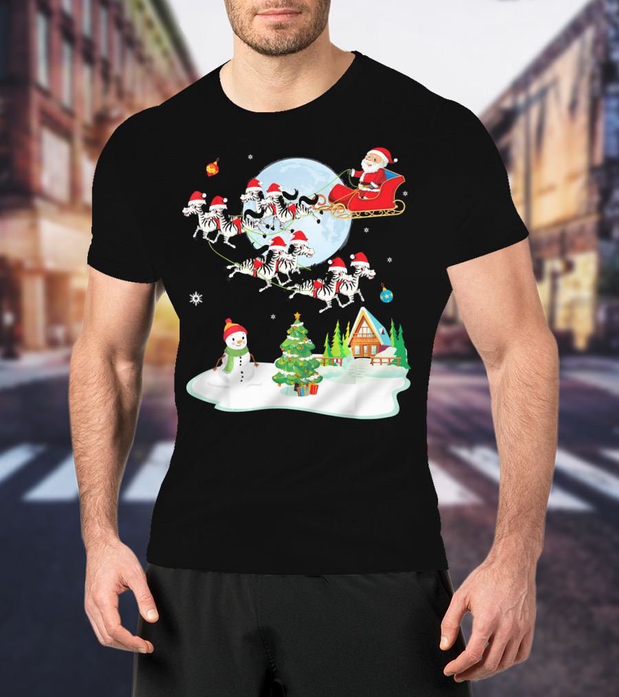 Santa Claus Sleigh With Zebras And Snowman By Christmas Tree T-Shirt