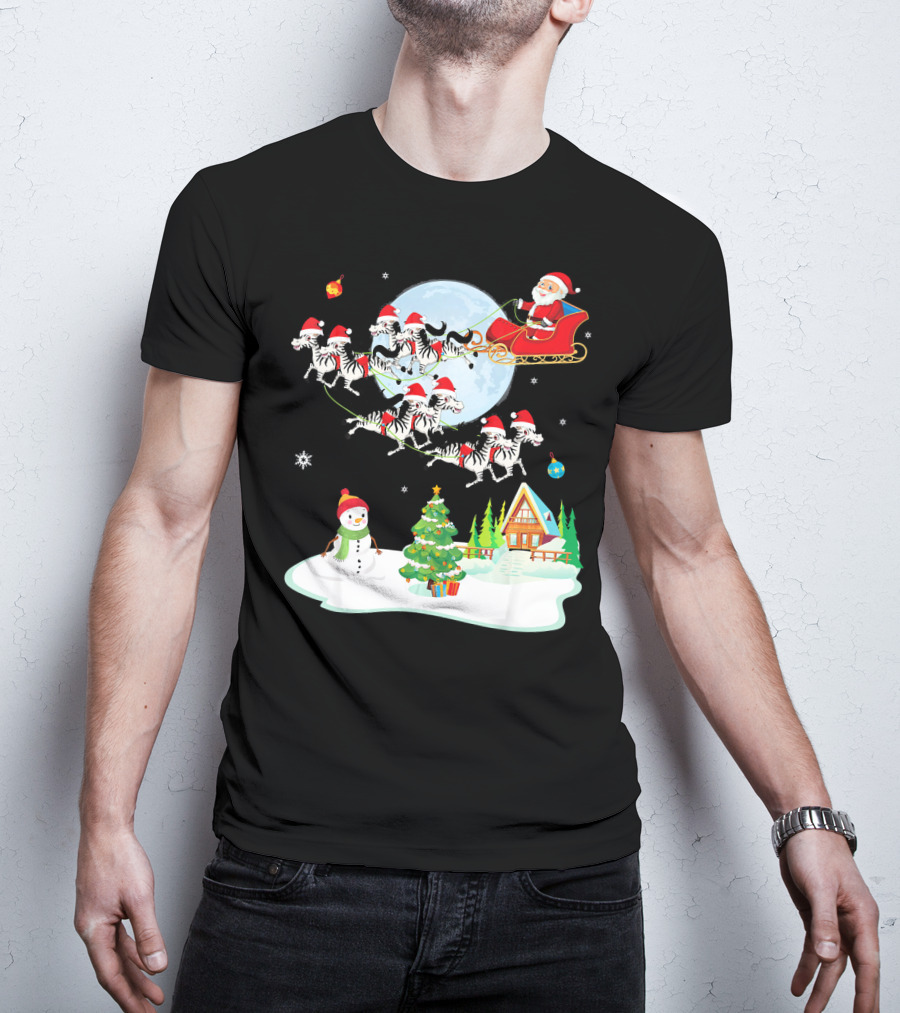 Santa Claus Sleigh With Zebras And Snowman By Christmas Tree T-Shirt