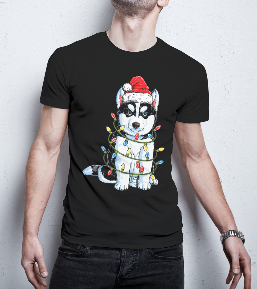 Siberian Husky Wrapped In Christmas Lights With Santa Hat T-Shirt
