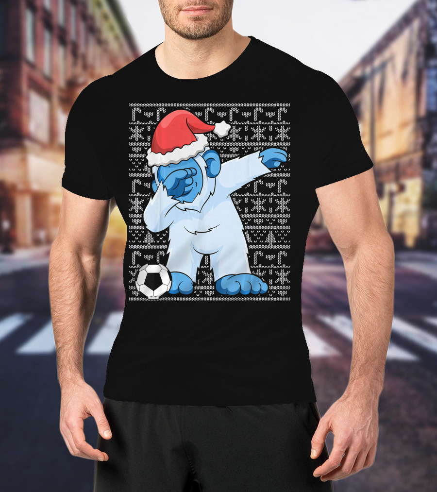 Dabbing Abominable Snowman Santa With Soccer Ball Holiday Ugly T-Shirt