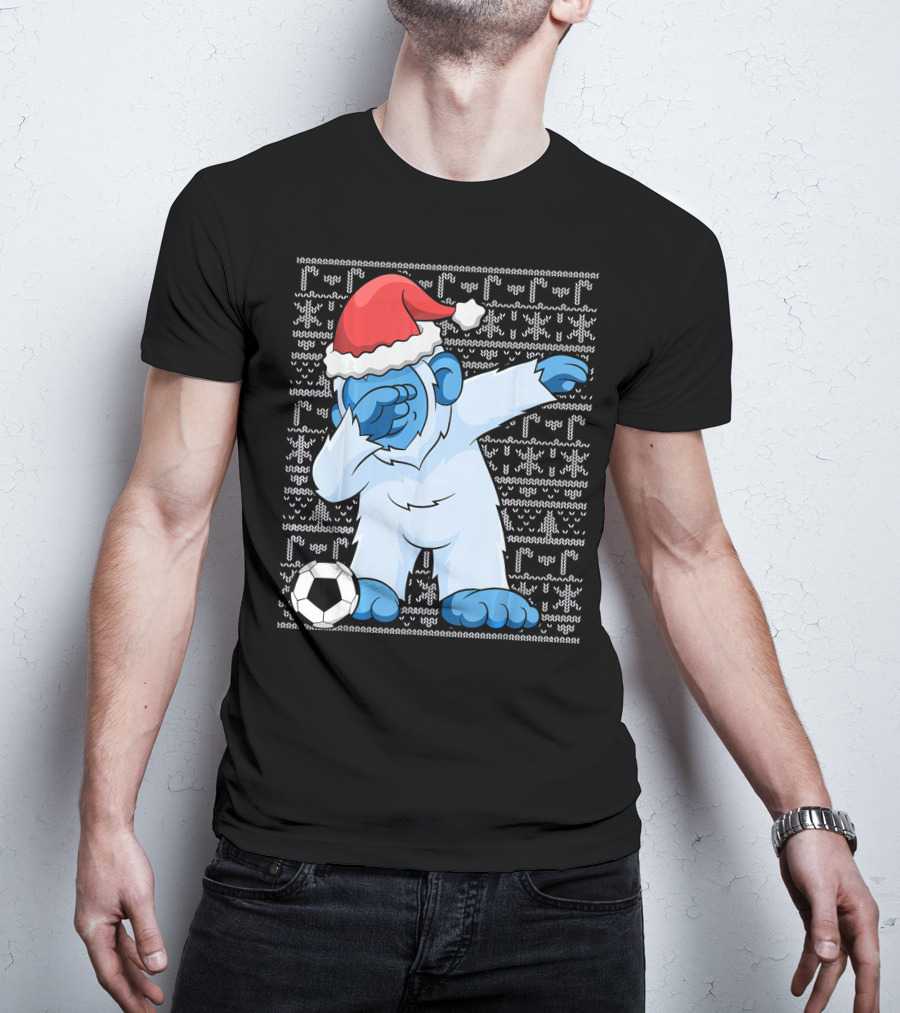 Dabbing Abominable Snowman Santa With Soccer Ball Holiday Ugly T-Shirt