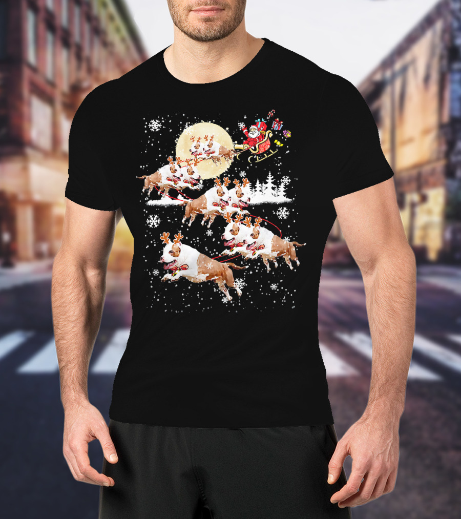 Santa's Christmas Pitbull Reindeer Sleigh Ride T-Shirt