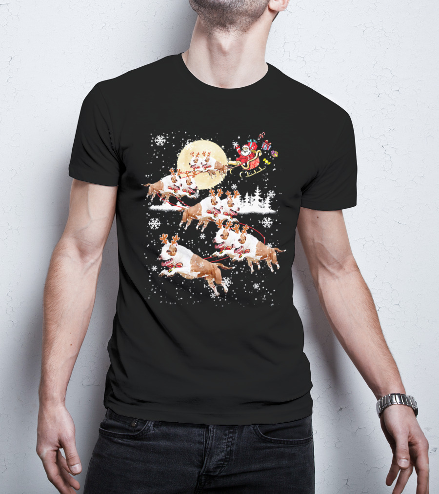 Santa's Christmas Pitbull Reindeer Sleigh Ride T-Shirt