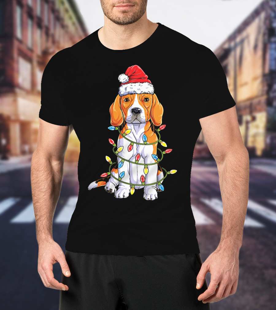 Beagle Wrapped In Christmas Lights With Santa Hat T-Shirt
