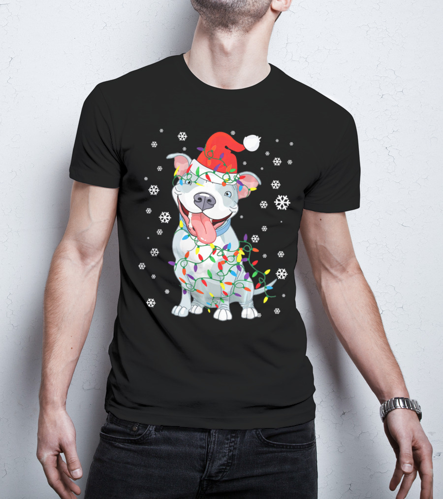 Pitbull Wrapped In Christmas Lights With Santa Hat And Snowflakes T-Shirt