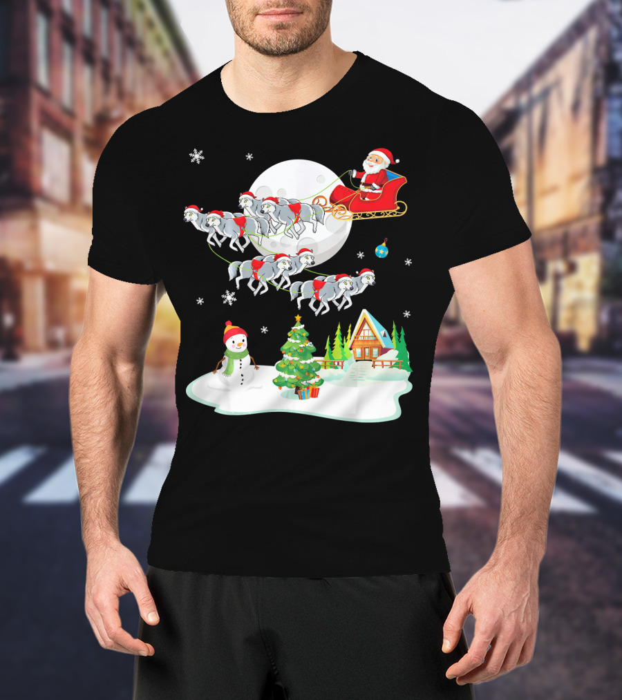 Santa Claus Sleigh Riding Over Snowman And Christmas Scene With Wolves T-Shirt