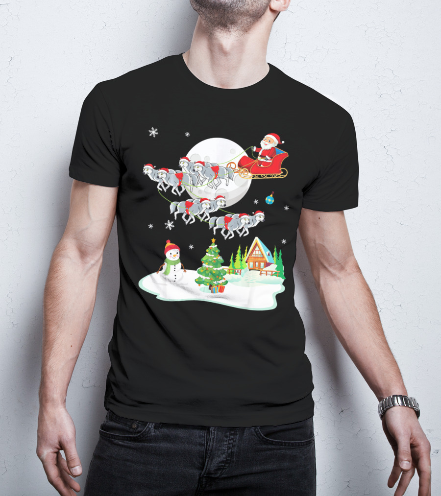 Santa Claus Sleigh Riding Over Snowman And Christmas Scene With Wolves T-Shirt