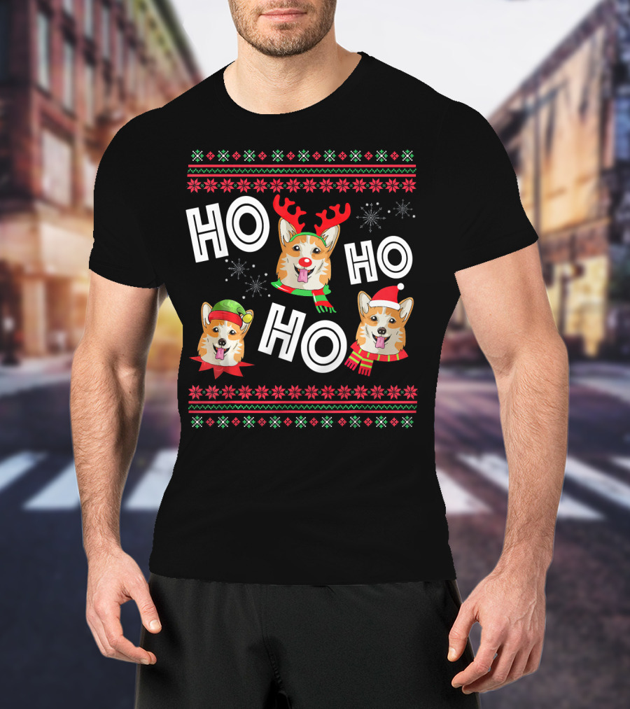 HO HO HO Corgi Funny Dog Reindeer Elf Santa Hats Snowflakes Christmas Holiday T-Shirt