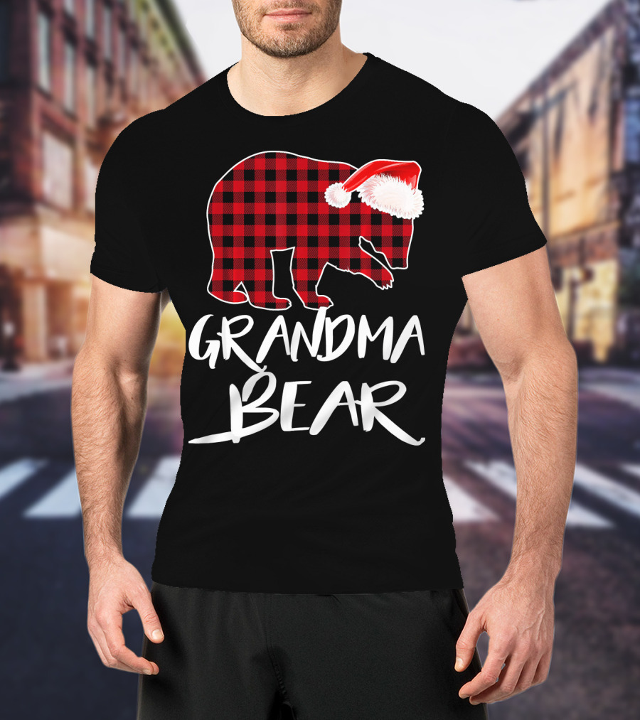 Grandma Bear Red Plaid Santa Hat T-Shirt