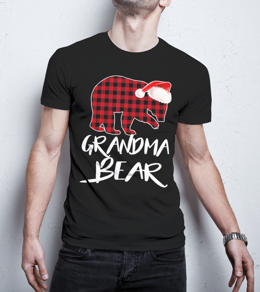 Grandma Bear Red Plaid Santa Hat T-Shirt