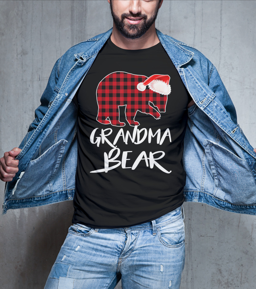 Grandma Bear Red Plaid Santa Hat T-Shirt