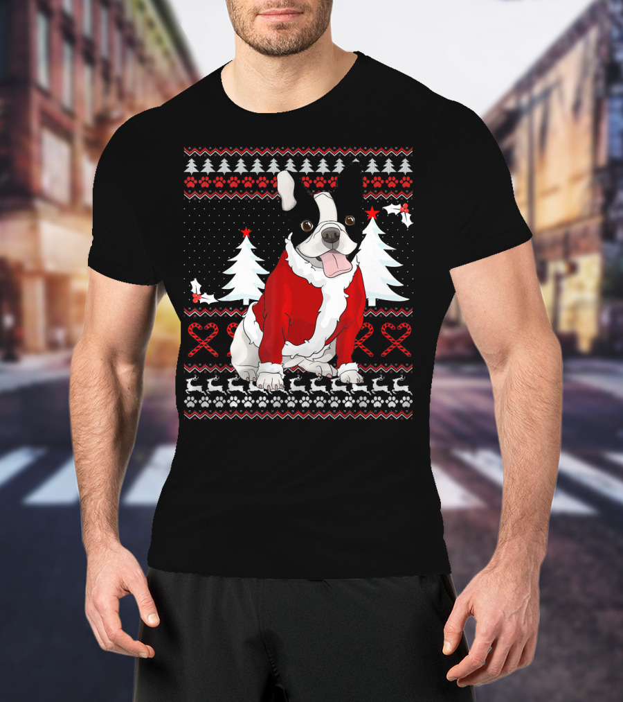 Cute French Bulldog Christmas Sweater With Santa Outfit And Holiday Trees T-Shirt