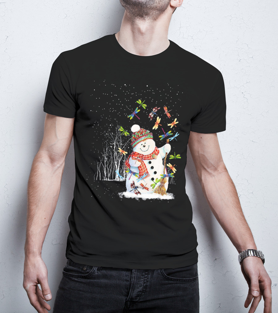 Merry Christmas Dragonfly Snowman In Winter Scene T-Shirt