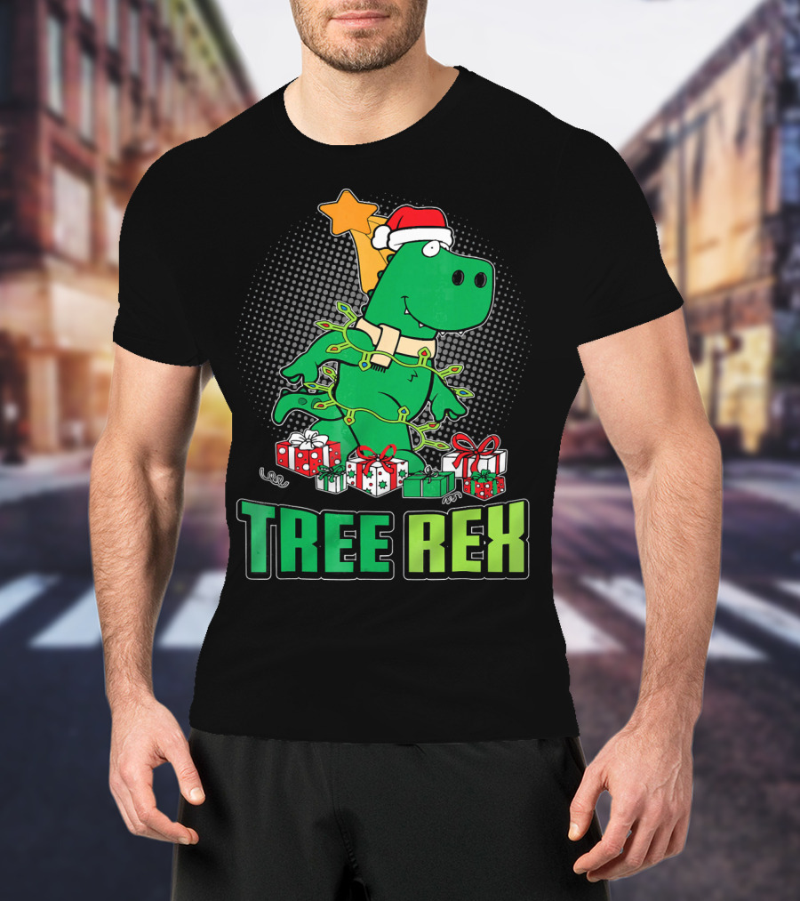 Tree Rex Funny Cute Christmas Dinosaur With Santa Hat And Gifts T-Shirt