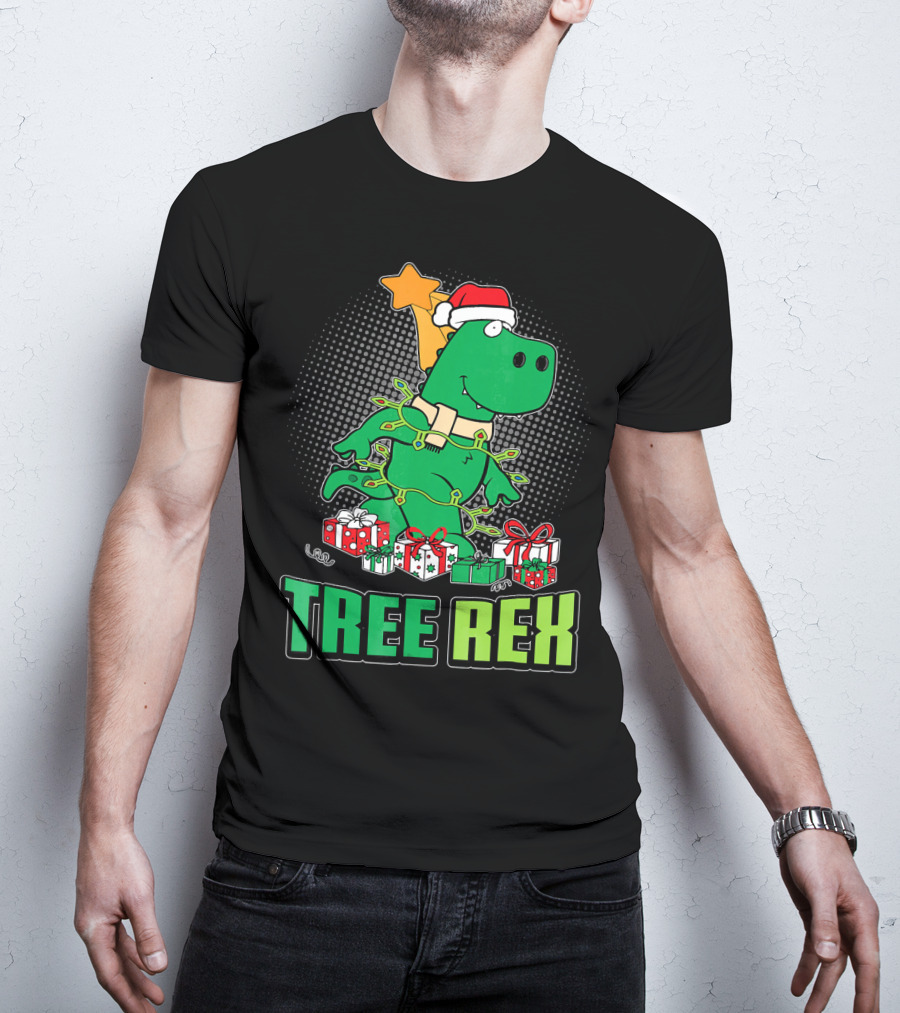 Tree Rex Funny Cute Christmas Dinosaur With Santa Hat And Gifts T-Shirt