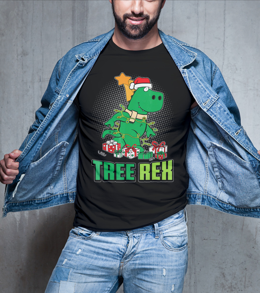 Tree Rex Funny Cute Christmas Dinosaur With Santa Hat And Gifts T-Shirt