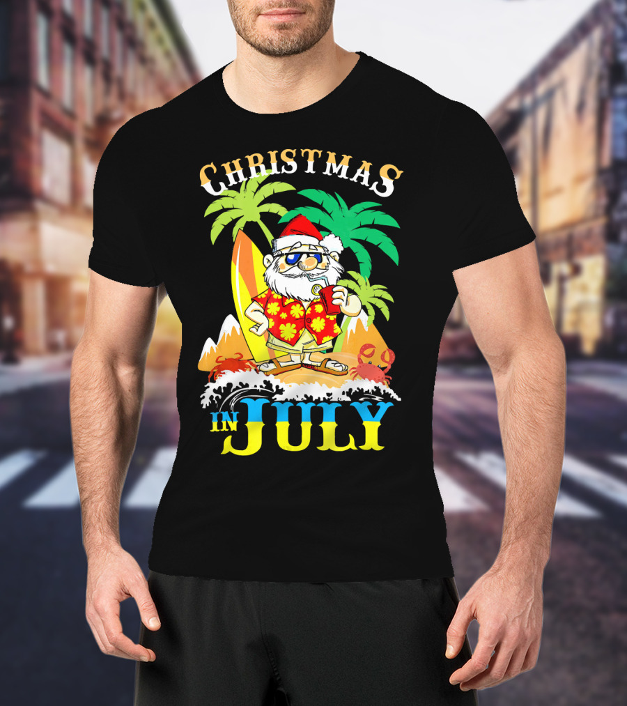 Christmas In July Santa Tropical Surf Vibes T-Shirt