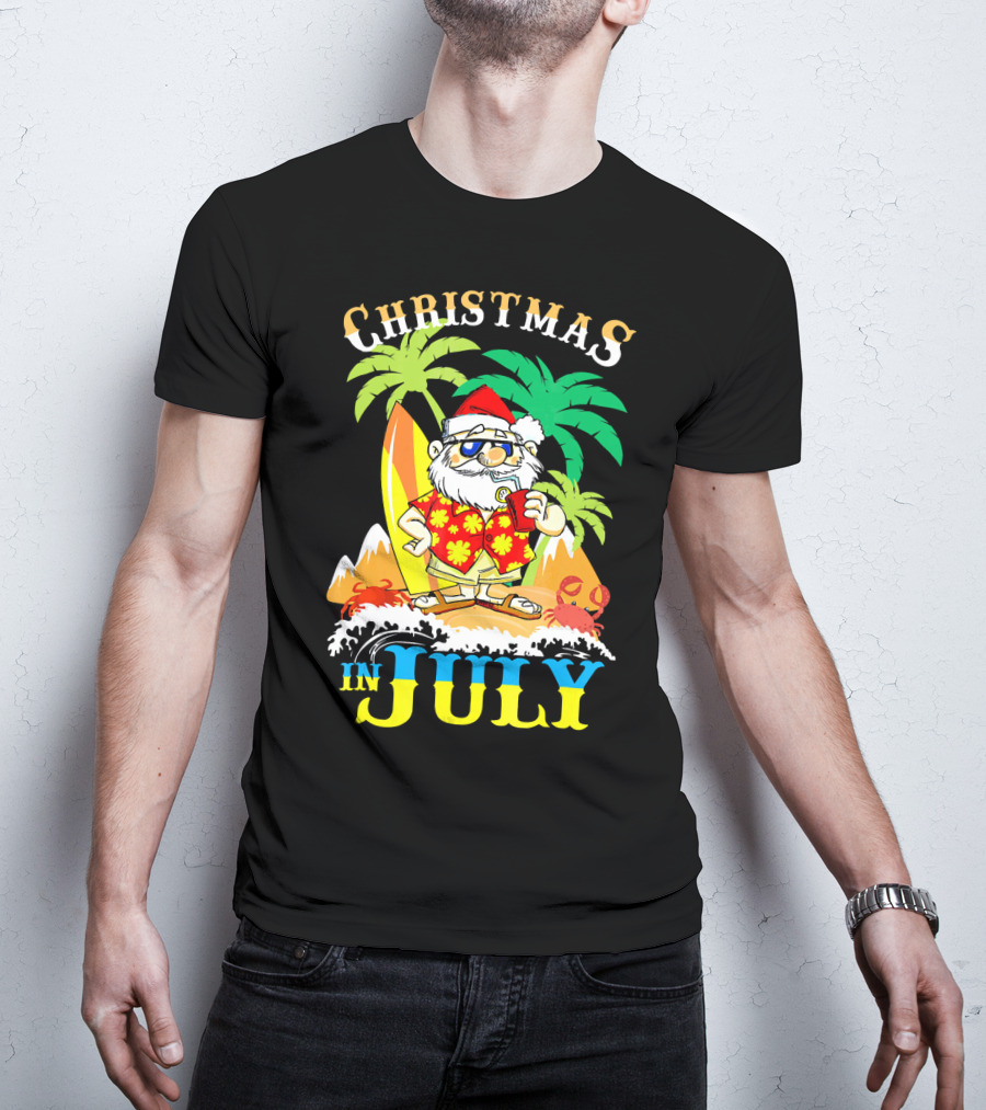 Christmas In July Santa Tropical Surf Vibes T-Shirt