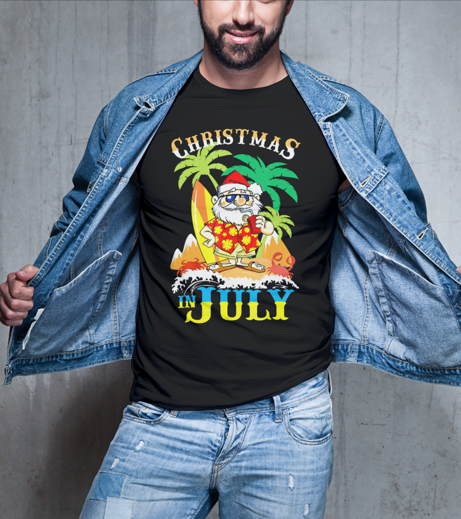 Christmas In July Santa Tropical Surf Vibes T-Shirt