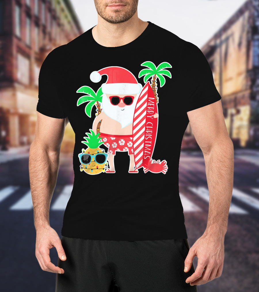 Merry Christmas Santa Surfing Hawaiian Pineapple Palm Trees T-Shirt