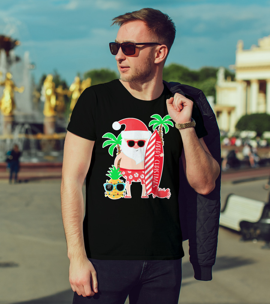 Merry Christmas Santa Surfing Hawaiian Pineapple Palm Trees T-Shirt