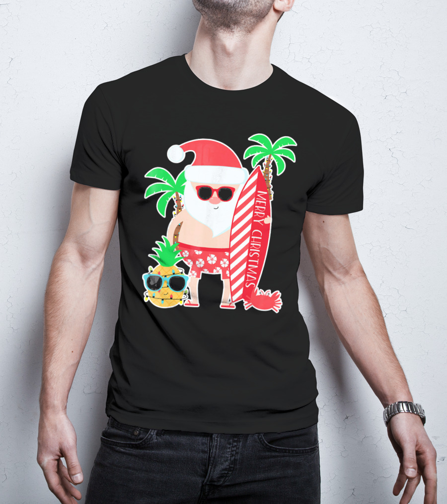 Merry Christmas Santa Surfing Hawaiian Pineapple Palm Trees T-Shirt