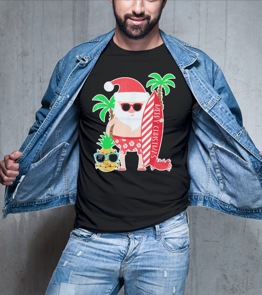 Merry Christmas Santa Surfing Hawaiian Pineapple Palm Trees T-Shirt