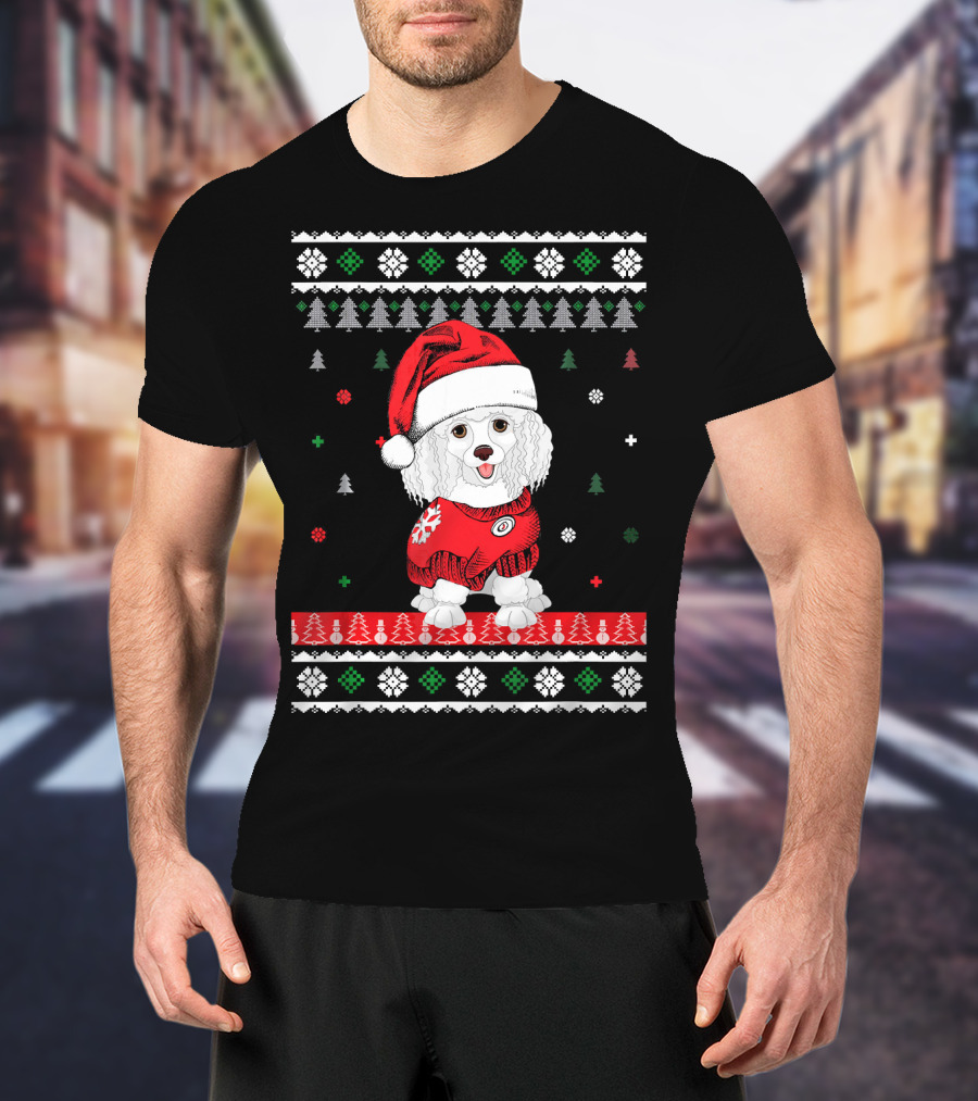 Cute Dog Standard Poodle Santa Hat Christmas Sweater Trees Snowflakes T-Shirt