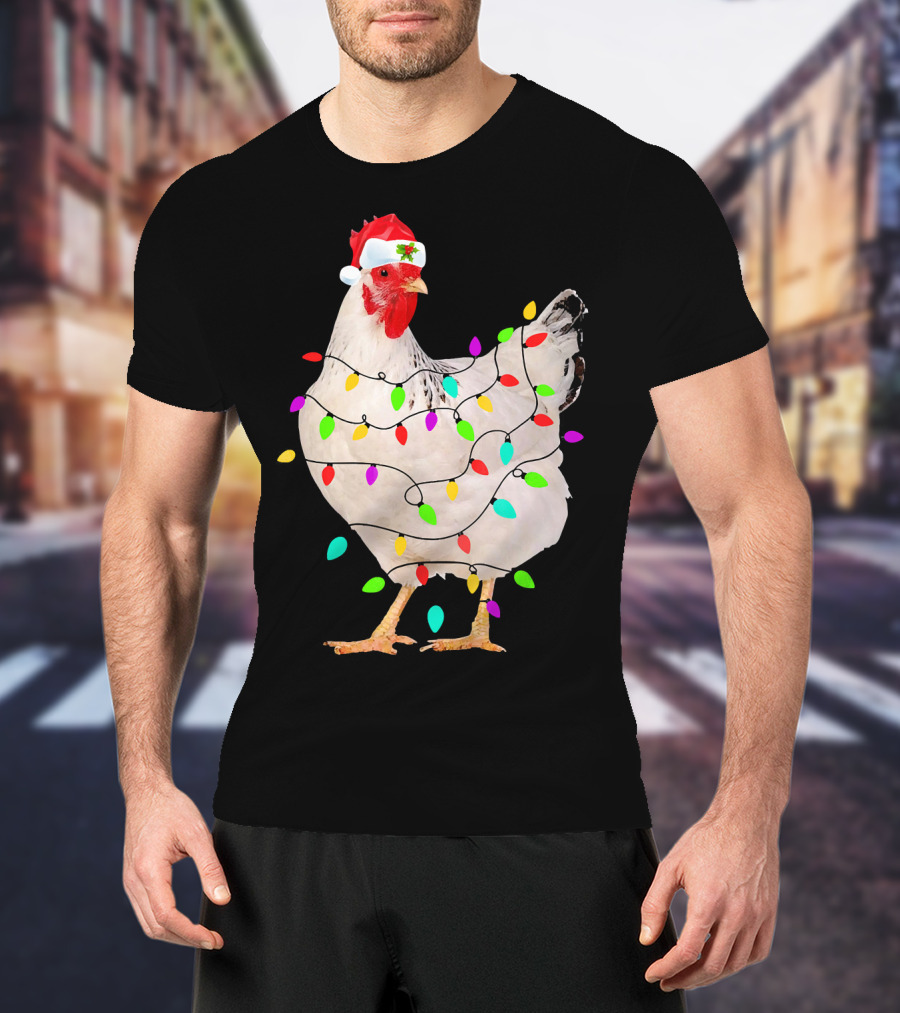 Chicken Christmas Light Funny Chicken Santa Hat Festive Holiday Decor T-Shirt