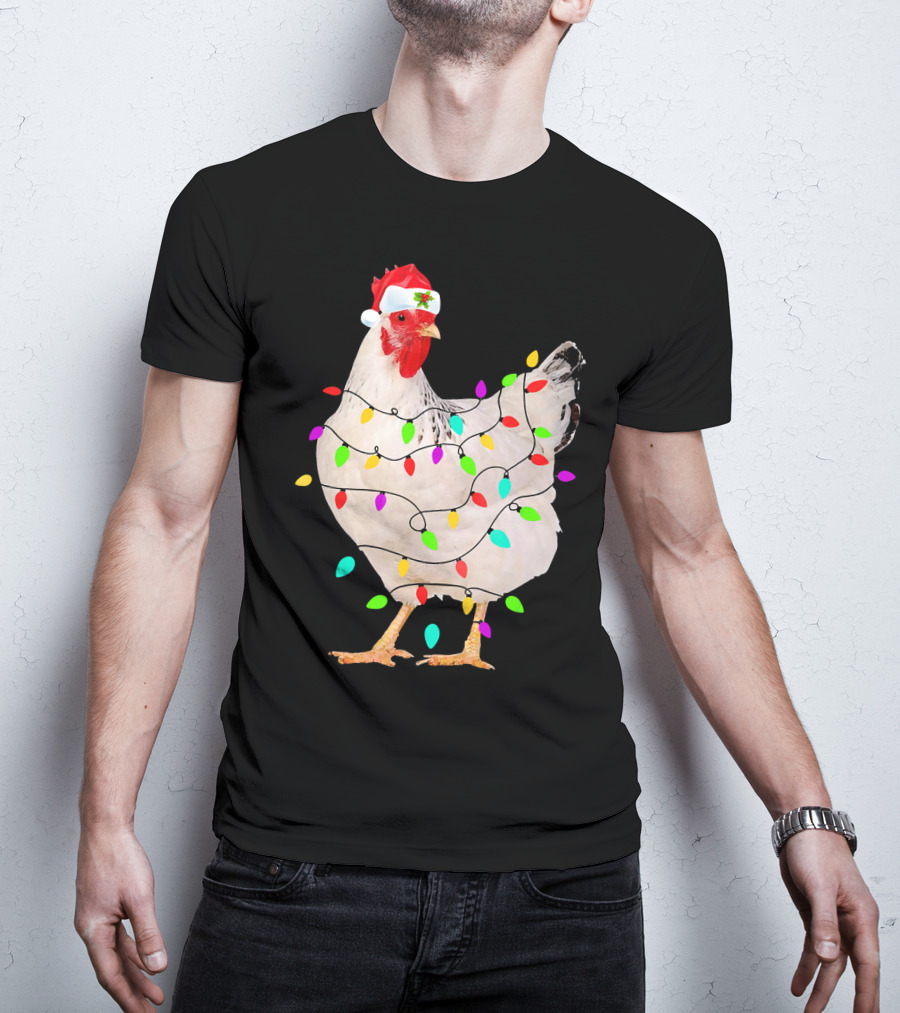 Chicken Christmas Light Funny Chicken Santa Hat Festive Holiday Decor T-Shirt