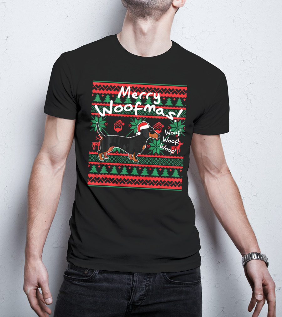 Merry Woofmas Dachshund Dog With Santa Hat Woof Woof Woof Christmas T-Shirt