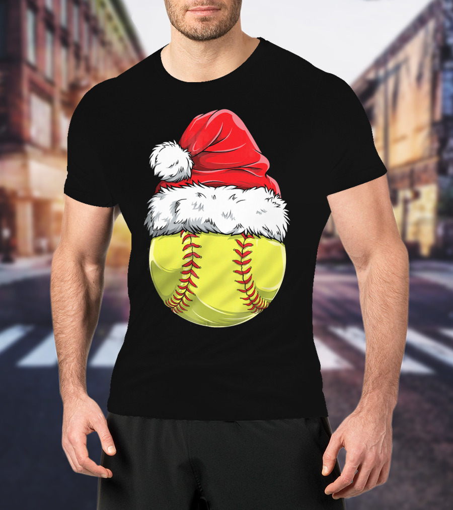 Santa Hat Softball Christmas T-Shirt