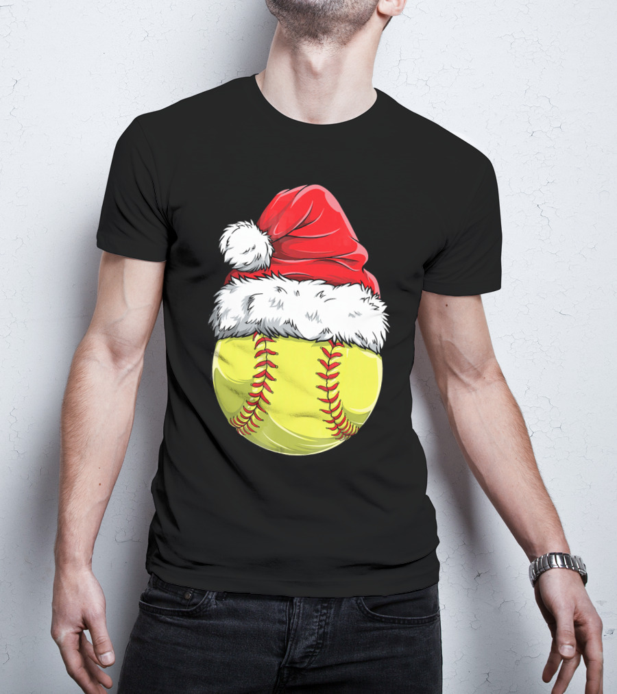 Santa Hat Softball Christmas T-Shirt