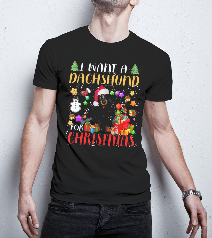 I Want A Dachshund For Christmas Santa Hat Presents Snowman T-Shirt
