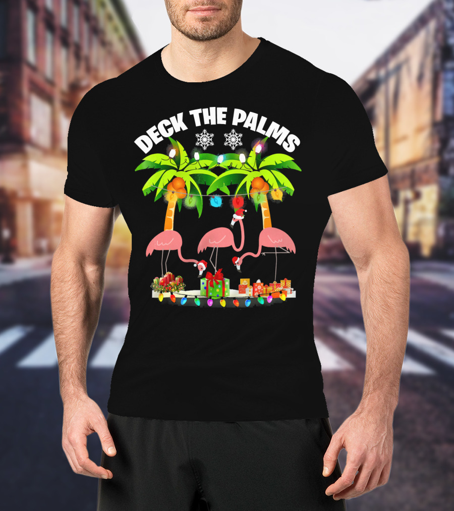 Deck The Palms Flamingo Christmas Lights And Gifts T-Shirt