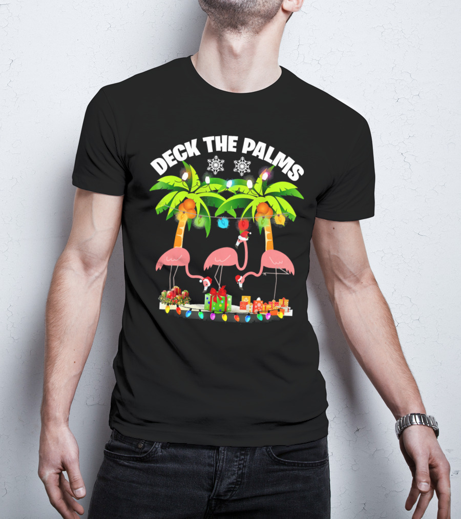 Deck The Palms Flamingo Christmas Lights And Gifts T-Shirt