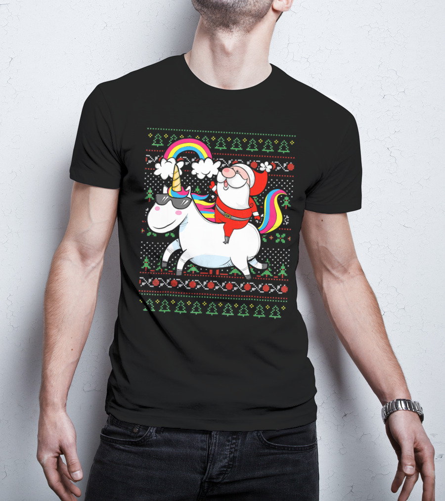 Santa Claus Riding A Rainbow Unicorn Christmas T-Shirt